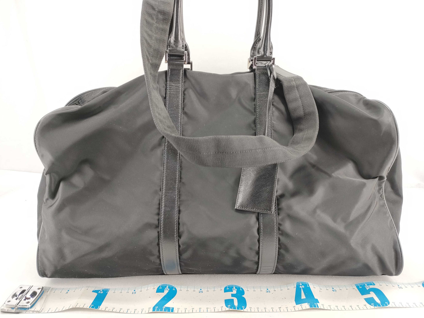 PRADA V20 nylon? 2-way Boston bag with leather triangular plate, black, name tag and padlock.