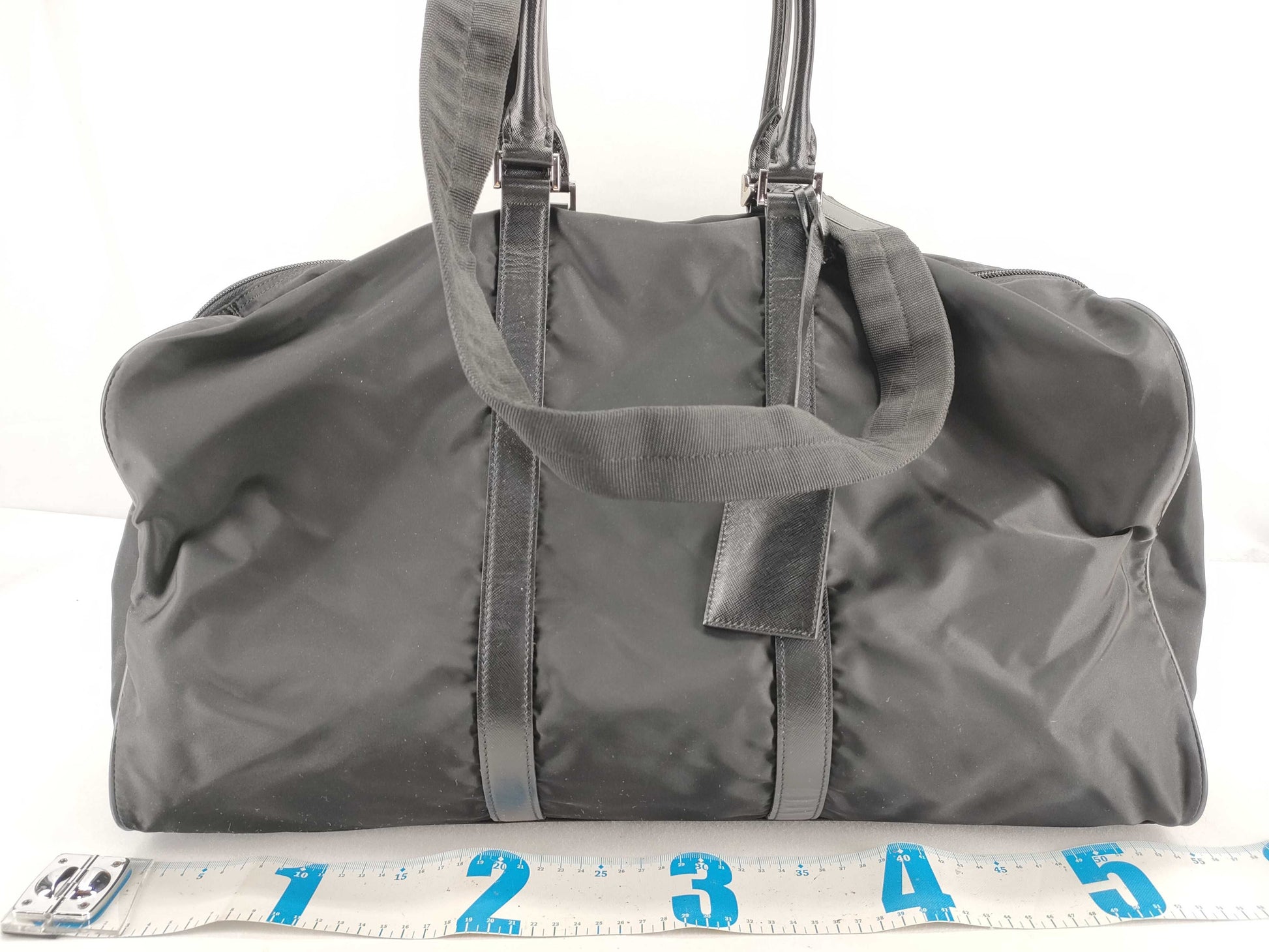 PRADA V20 nylon? 2-way Boston bag with leather triangular plate, black, name tag and padlock.