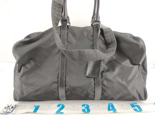 PRADA V20 nylon? 2-way Boston bag with leather triangular plate, black, name tag and padlock.