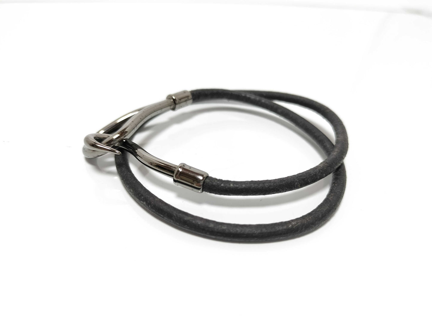 HERMES Silver x Leather Bracelet Jumbo Choker Bracelet/Bangle