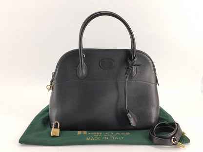 HIGH-CLASS Leather Handbag in Black with Strap, Cloche, Cadena, Two Keys, and Dust Bag