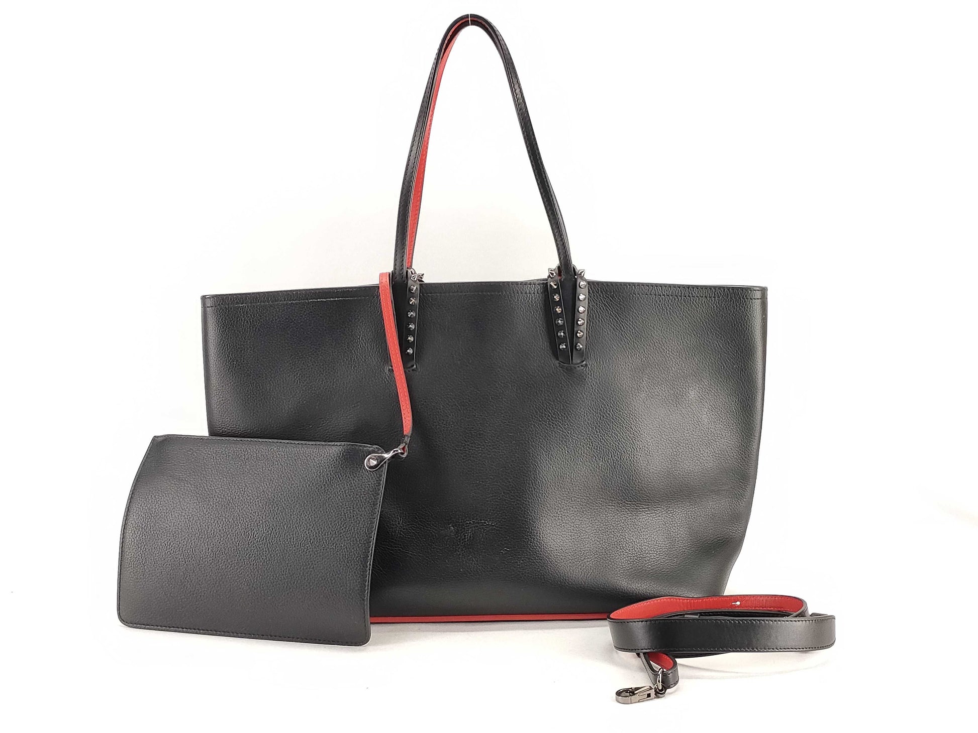 Christian Louboutin Leather Cabata Tote Bag in Black and Red with Pouch and Strap