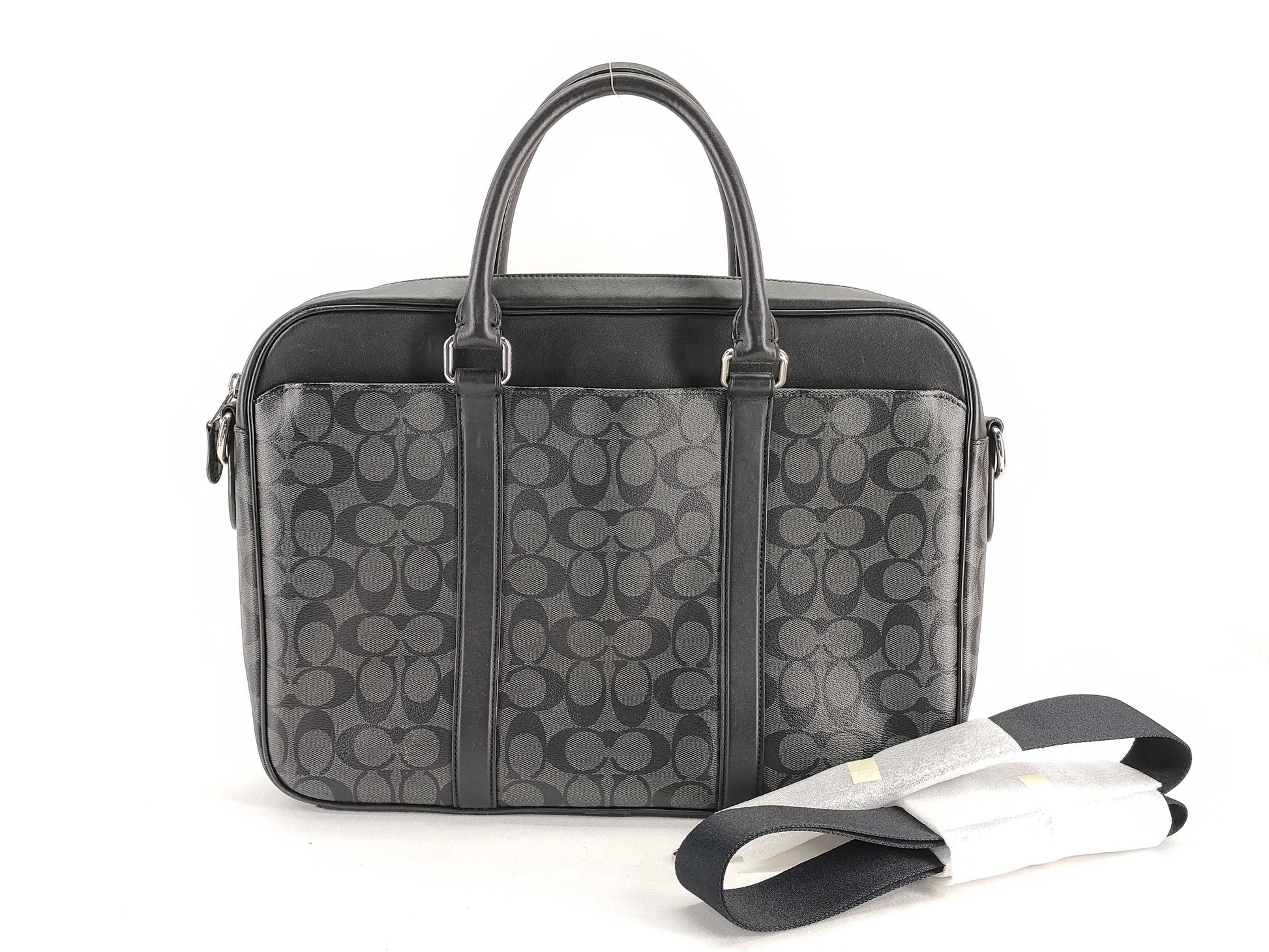 COACH Signature F54803 Signature Briefcase, 2-Way Business Bag, Leather, PVC, Black, with Strap