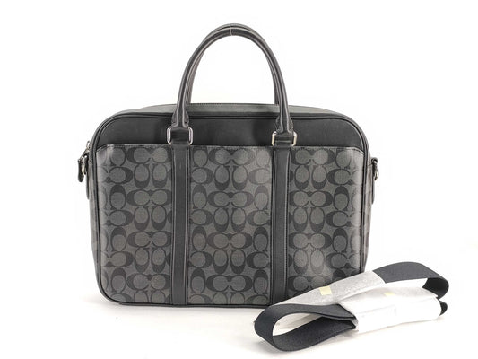 COACH Signature F54803 Signature Briefcase, 2-Way Business Bag, Leather, PVC, Black, with Strap