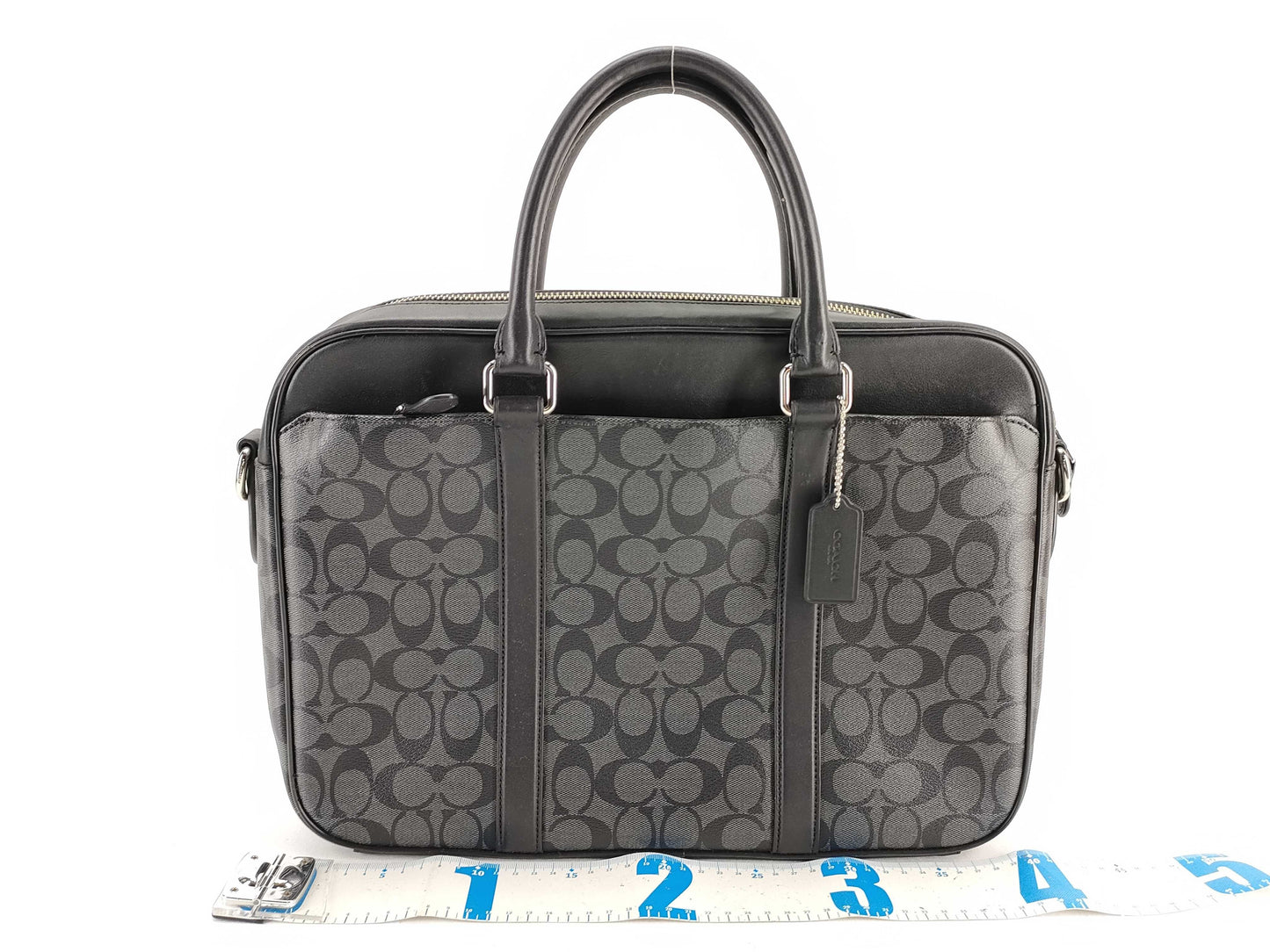 COACH Signature F54803 Signature Briefcase, 2-Way Business Bag, Leather, PVC, Black, with Strap