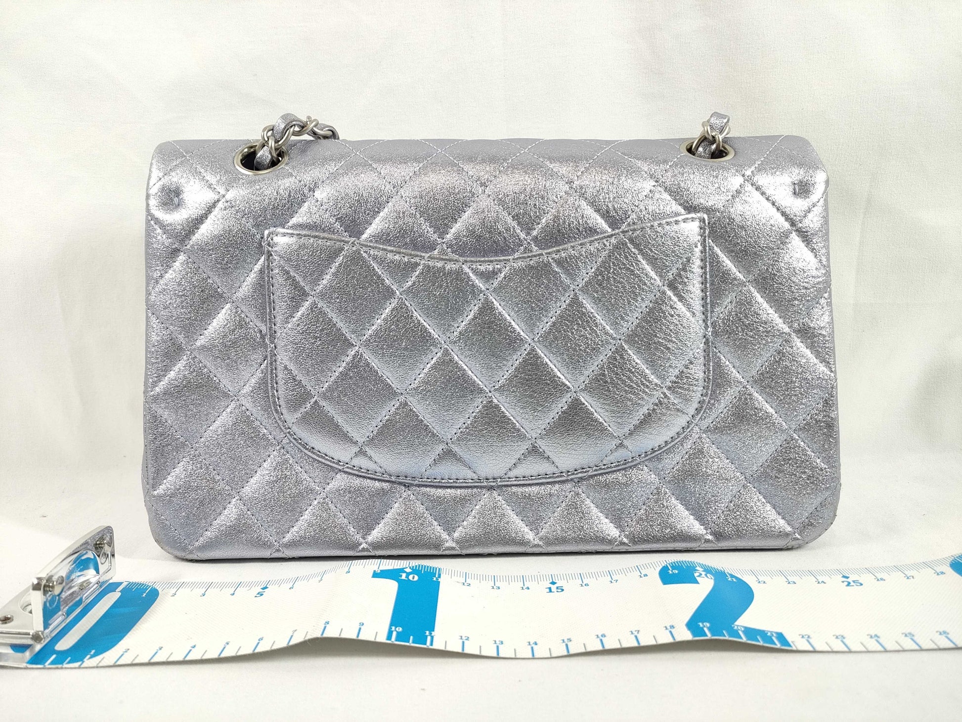 CHANEL CHANEL Matelasse Double Flap Bag, No. 14, Silver Shiny Chain Shoulder Bag with Seal