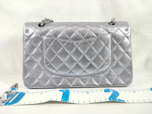 CHANEL CHANEL Matelasse Double Flap Bag, No. 14, Silver Shiny Chain Shoulder Bag with Seal
