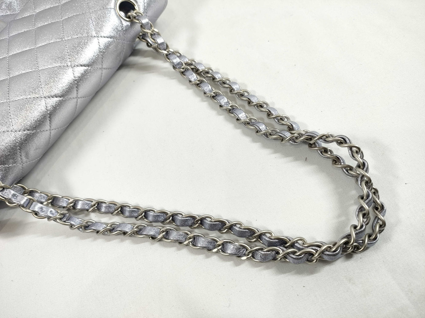 CHANEL CHANEL Matelasse Double Flap Bag, No. 14, Silver Shiny Chain Shoulder Bag with Seal