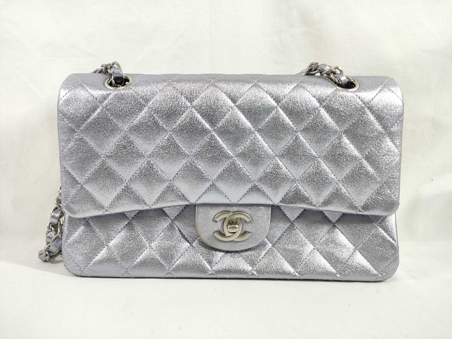 CHANEL CHANEL Matelasse Double Flap Bag, No. 14, Silver Shiny Chain Shoulder Bag with Seal