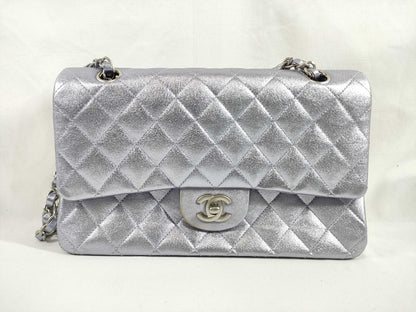 CHANEL CHANEL Matelasse Double Flap Bag, No. 14, Silver Shiny Chain Shoulder Bag with Seal