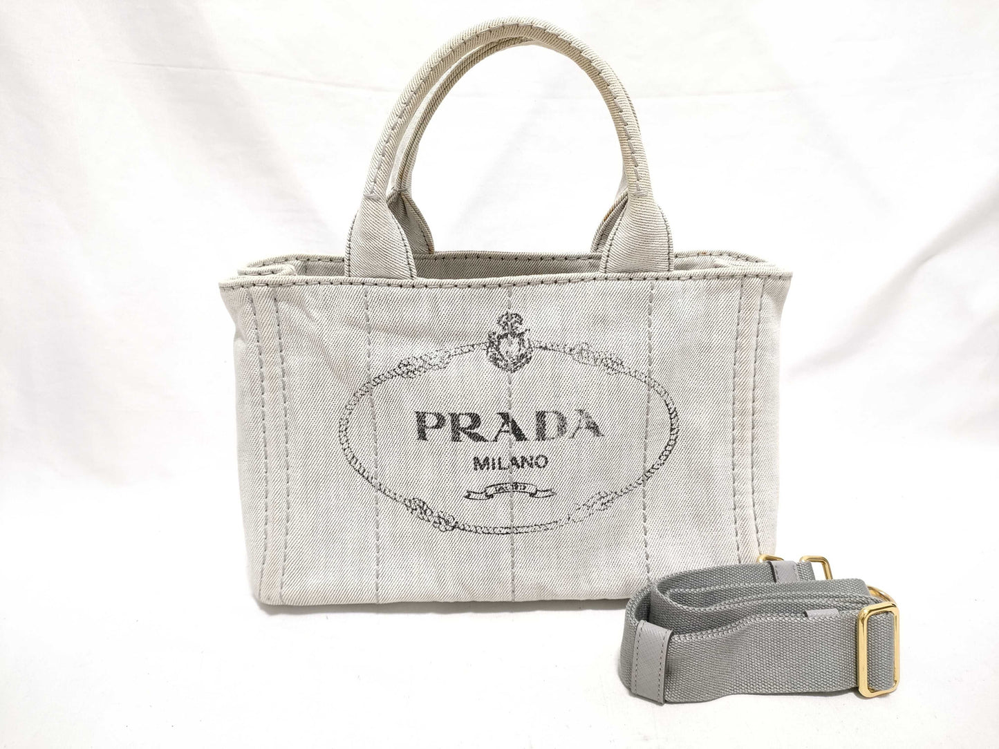 PRADA Prada Canapa Denim Handbag with Triangle Logo Tote Bag