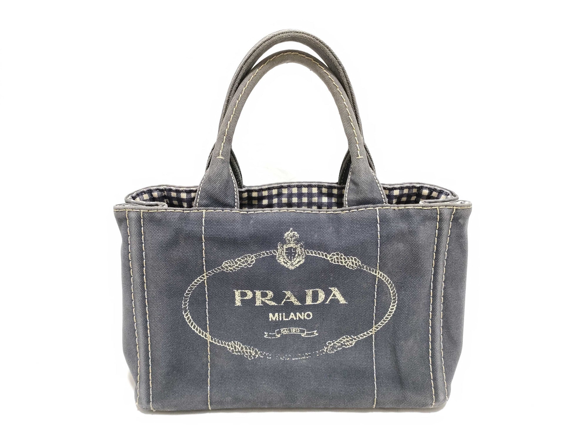 PRADA Prada Handbag Shoulder Bag 2-Way Triangle Logo Gingham Check Tote Bag