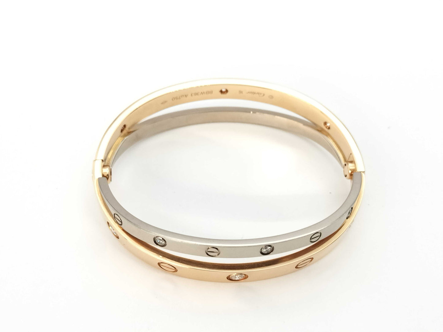 Cartier Love Bracelet, 2-Row #16, Half Diamond, PG/WG Au750, 45.9g, Bracelet/Bangle 