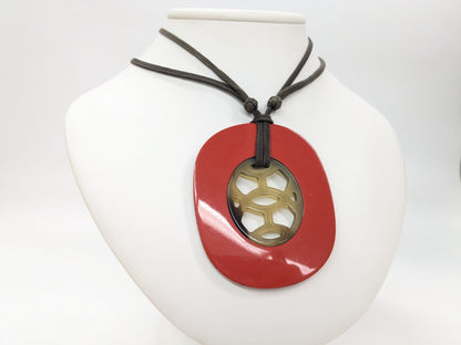 HERMES Lift GM Buffalo Horn x Lacquer Wood Necklace Red Necklace