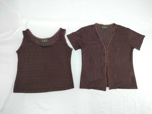 FENDI Zucca Tank Top and Cardigan Set, Burgundy Cardigan