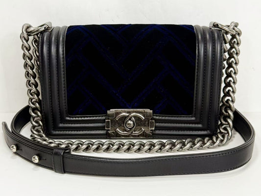 CHANEL Black Boy 20 Velvet and Leather Shoulder Bag, 20cm Wide, Approx. 23rd Series, with Seal, Vintage S Clasp, Item No. 23086168, Excellent Condition