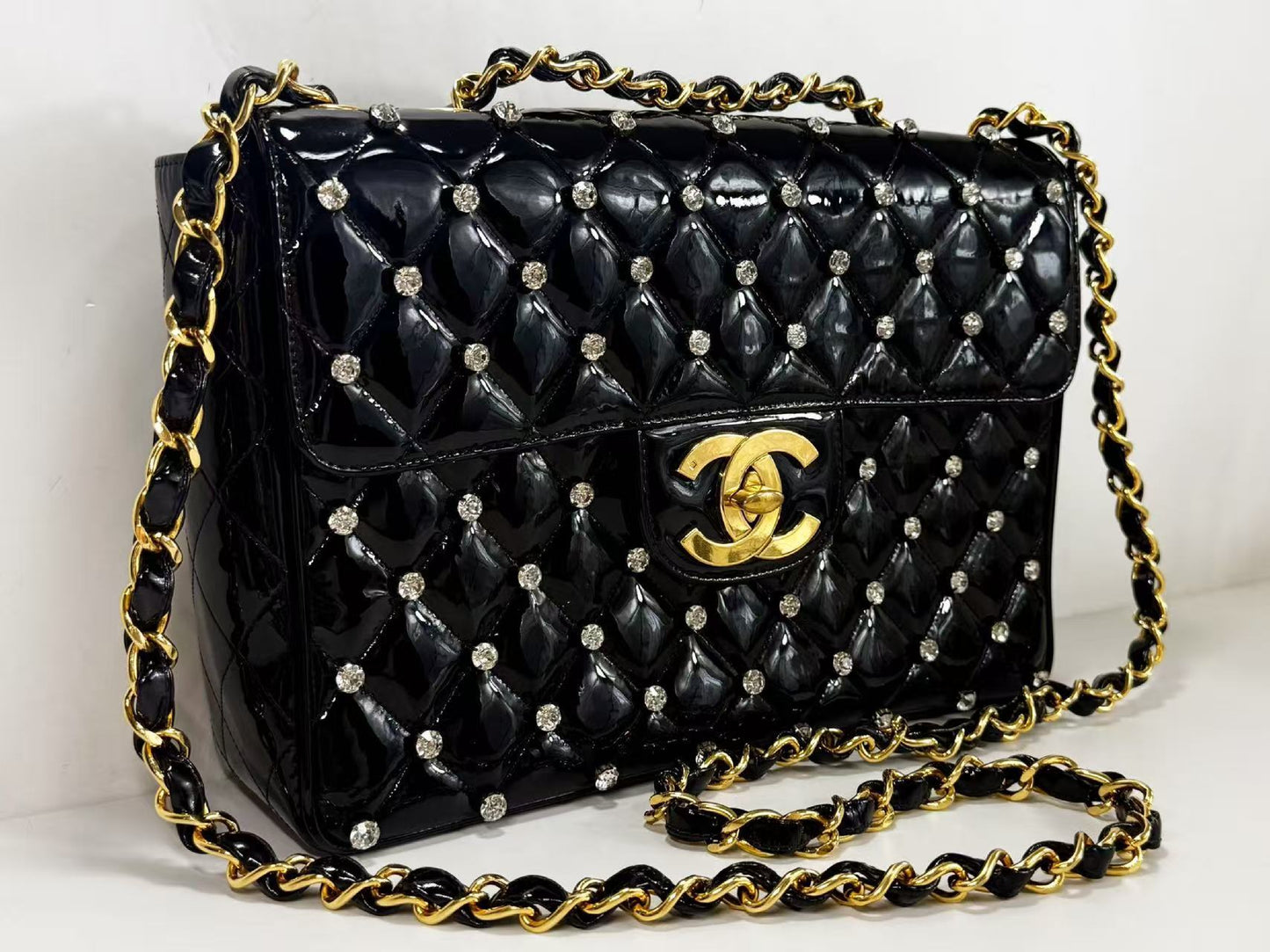 CHANEL Matelasse Black Swarovski Patent Full Shoulder Bag, Size 30cm , Gold Hardware, 3380231, Excellent Condition, Includes Box, Bag, G Card, and Sticker.