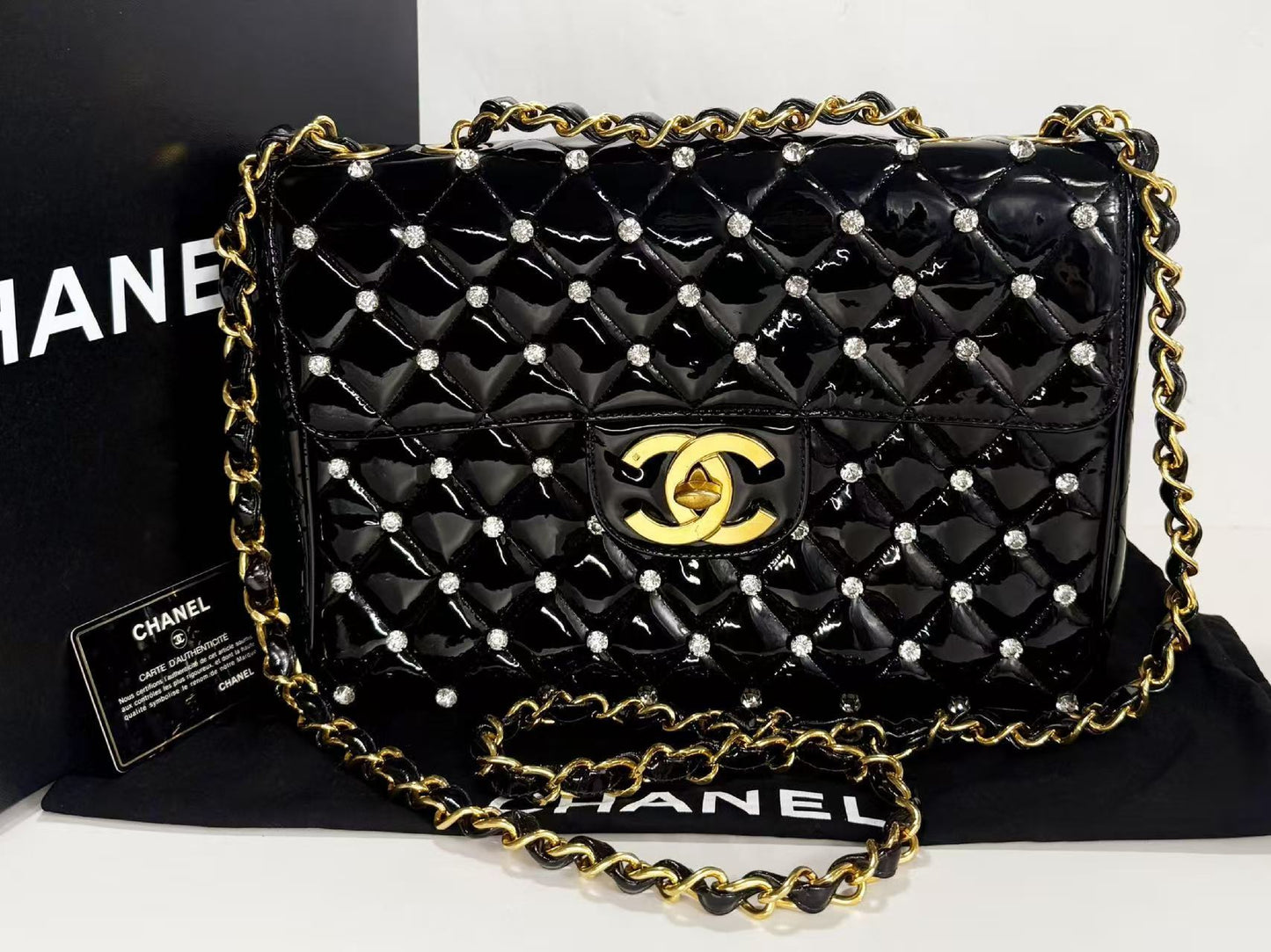 CHANEL Matelasse Black Swarovski Patent Full Shoulder Bag, Size 30cm , Gold Hardware, 3380231, Excellent Condition, Includes Box, Bag, G Card, and Sticker.