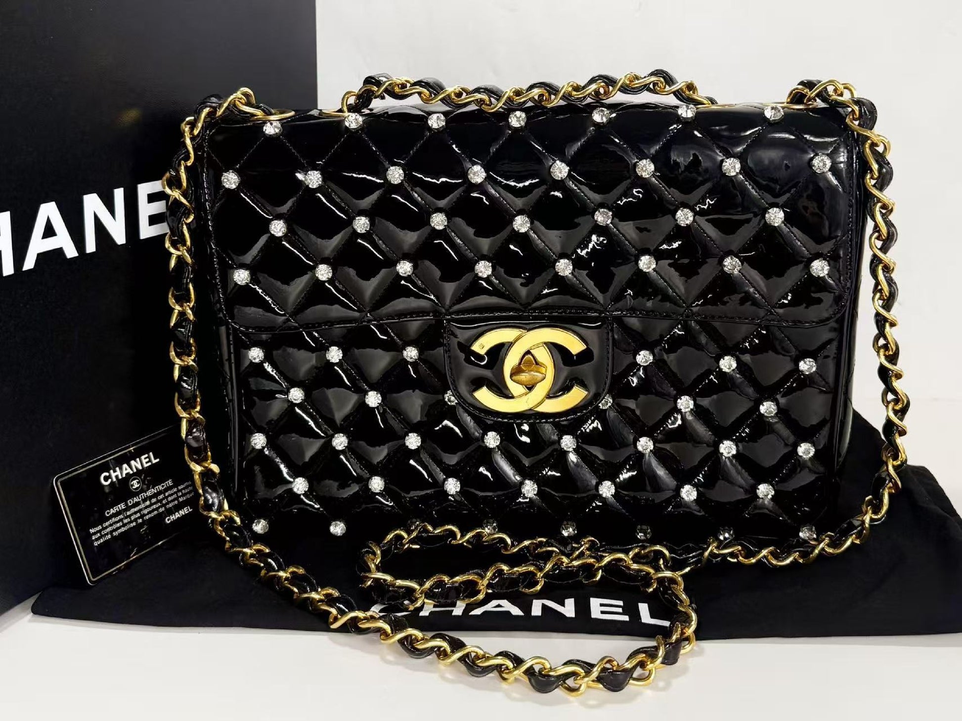 CHANEL Matelasse Black Swarovski Patent Full Shoulder Bag, Size 30cm , Gold Hardware, 3380231, Excellent Condition, Includes Box, Bag, G Card, and Sticker.