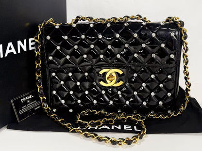 CHANEL Matelasse Black Swarovski Patent Full Shoulder Bag, Size 30cm , Gold Hardware, 3380231, Excellent Condition, Includes Box, Bag, G Card, and Sticker.