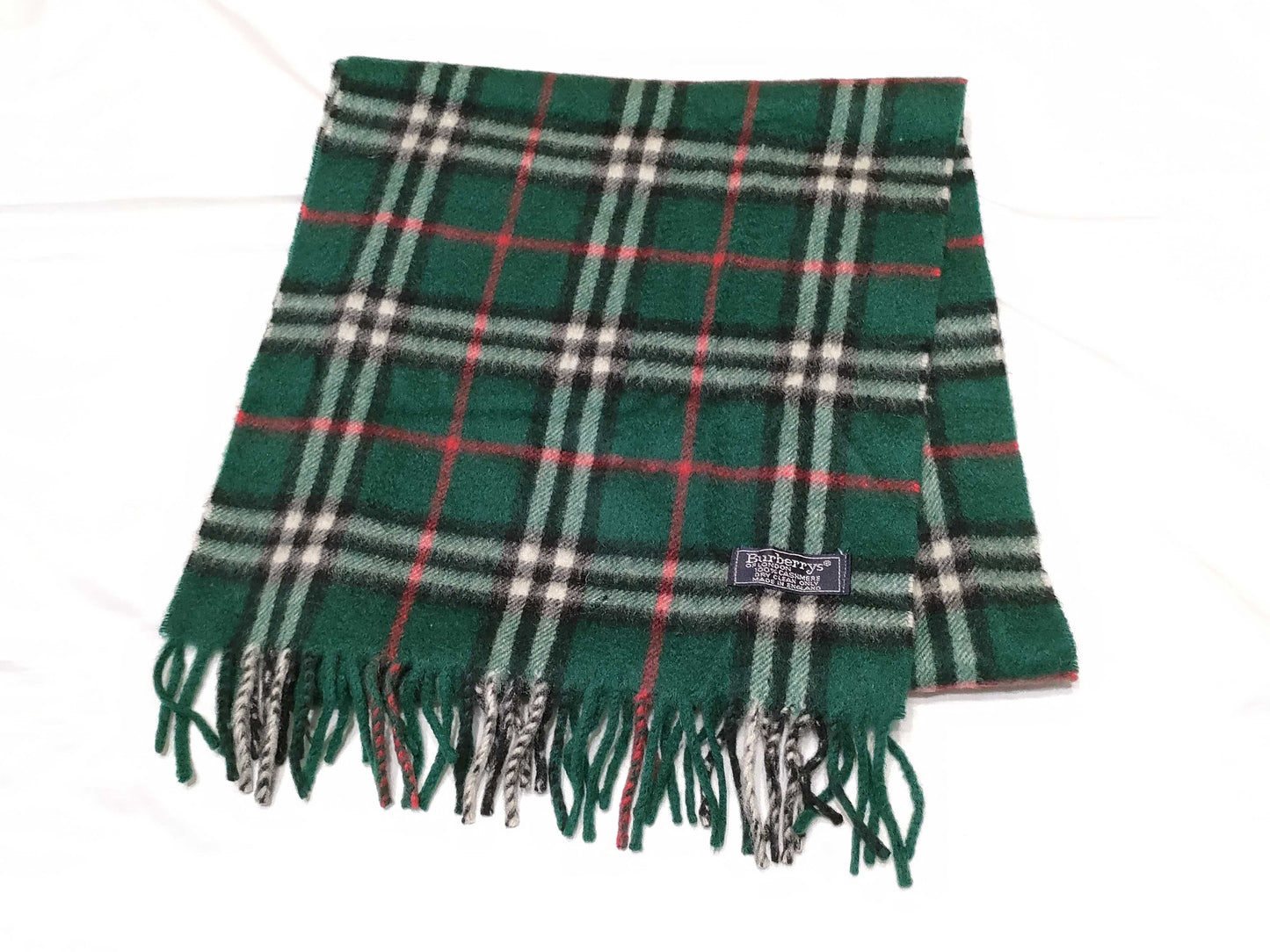 BURBERRY Nova Check Cashmere Fringe Scarf in Green