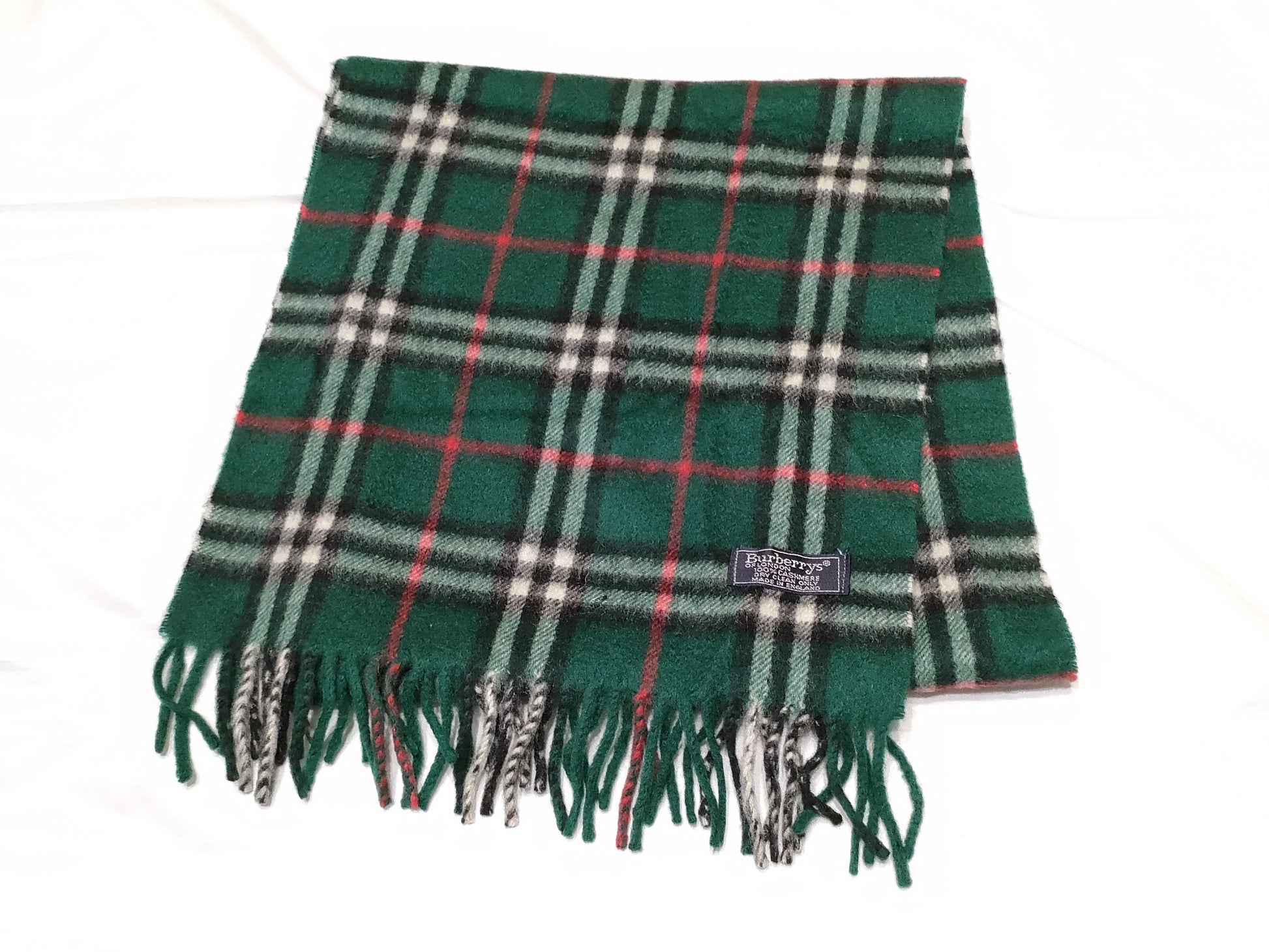 BURBERRY Nova Check Cashmere Fringe Scarf in Green
