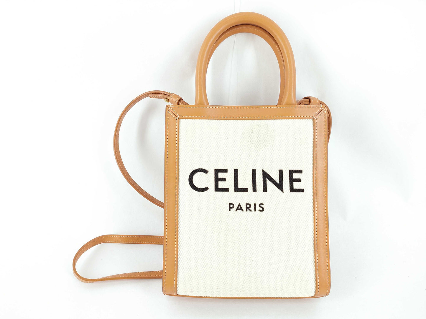 CELINE Vertical Cabas 2-Way Bag, Canvas and Leather, 193302, S-SL-5220, S-AT-4280, Natural/Tan, Handbag