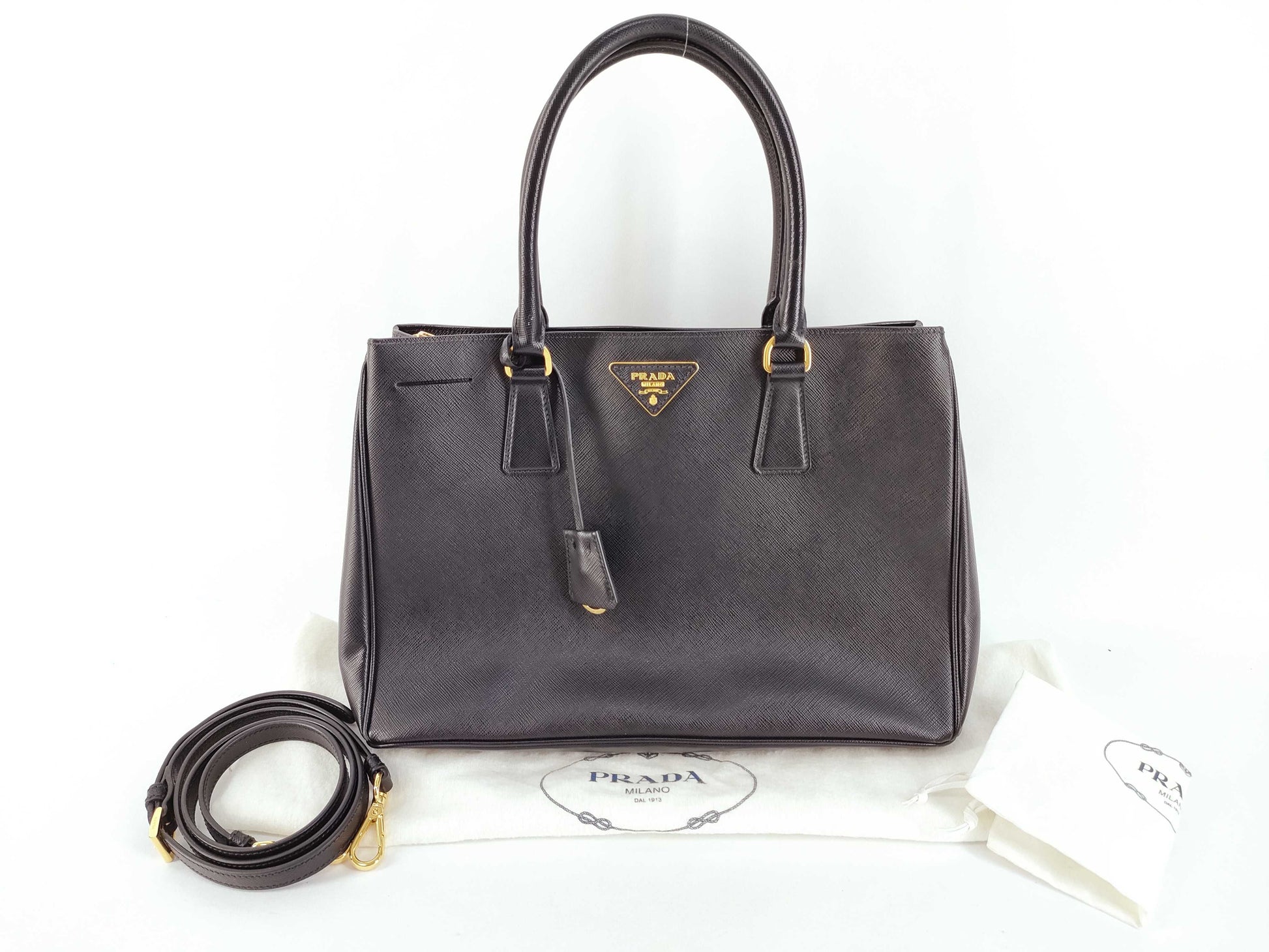 PRADA PRADA Saffiano Handbag Leather Black Shoulder Strap/Clochette Handbag