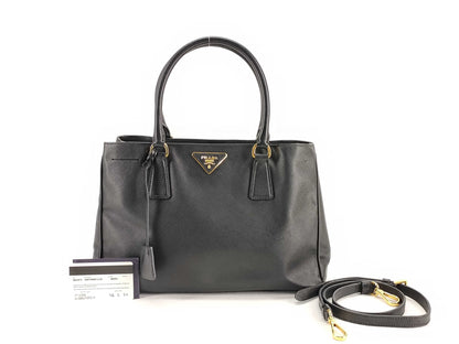 PRADA PRADA Saffiano Handbag in Black Leather with Shoulder Strap/Crochet/Gallery