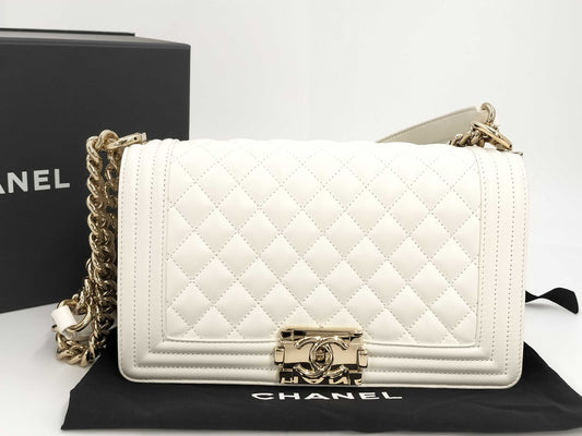 CHANEL Boy Chanel Caviar White Microchip Shoulder Bag