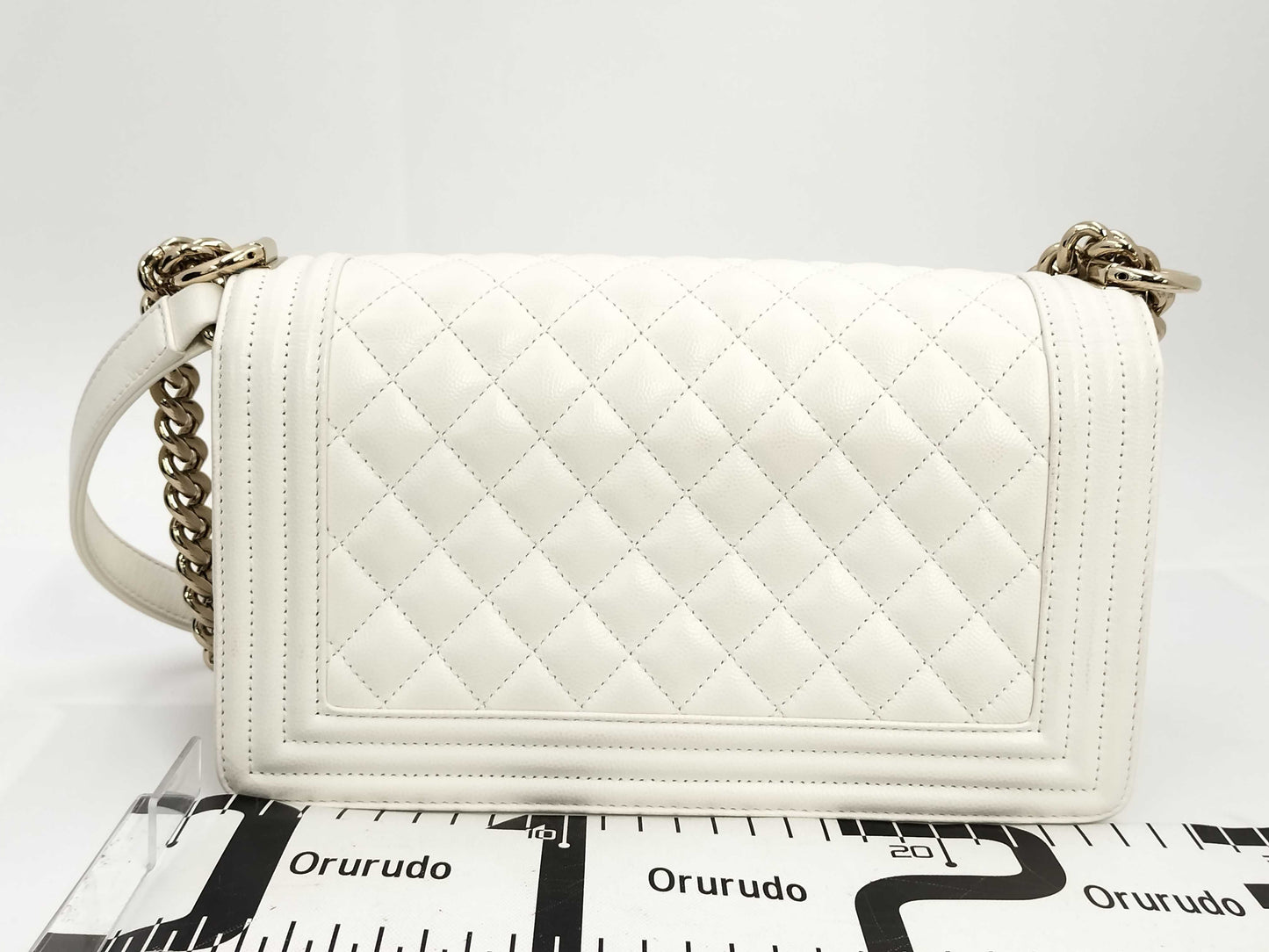 CHANEL Boy Chanel Caviar White Microchip Shoulder Bag