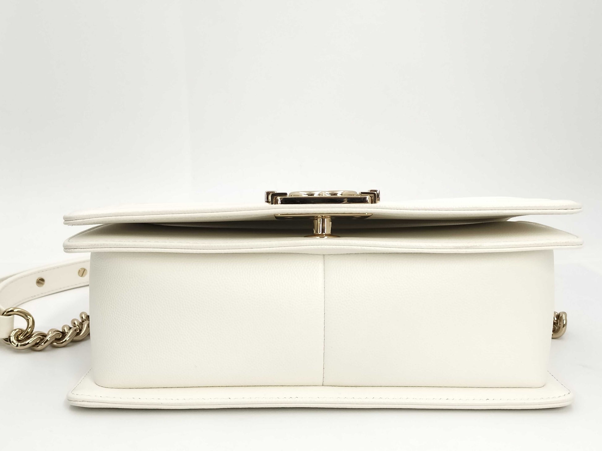 CHANEL Boy Chanel Caviar White Microchip Shoulder Bag