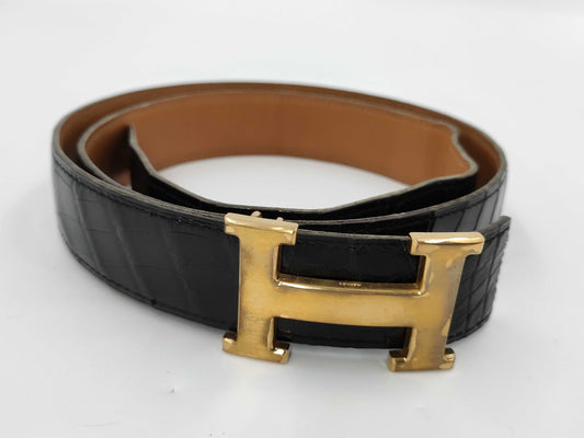 HERMES Constance H Belt, Black Crocodile, 〇L Stamped