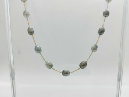 Semi-round pearl necklace, diameter approximately 4.0-4.7mm, 14K gold, 5.2g 