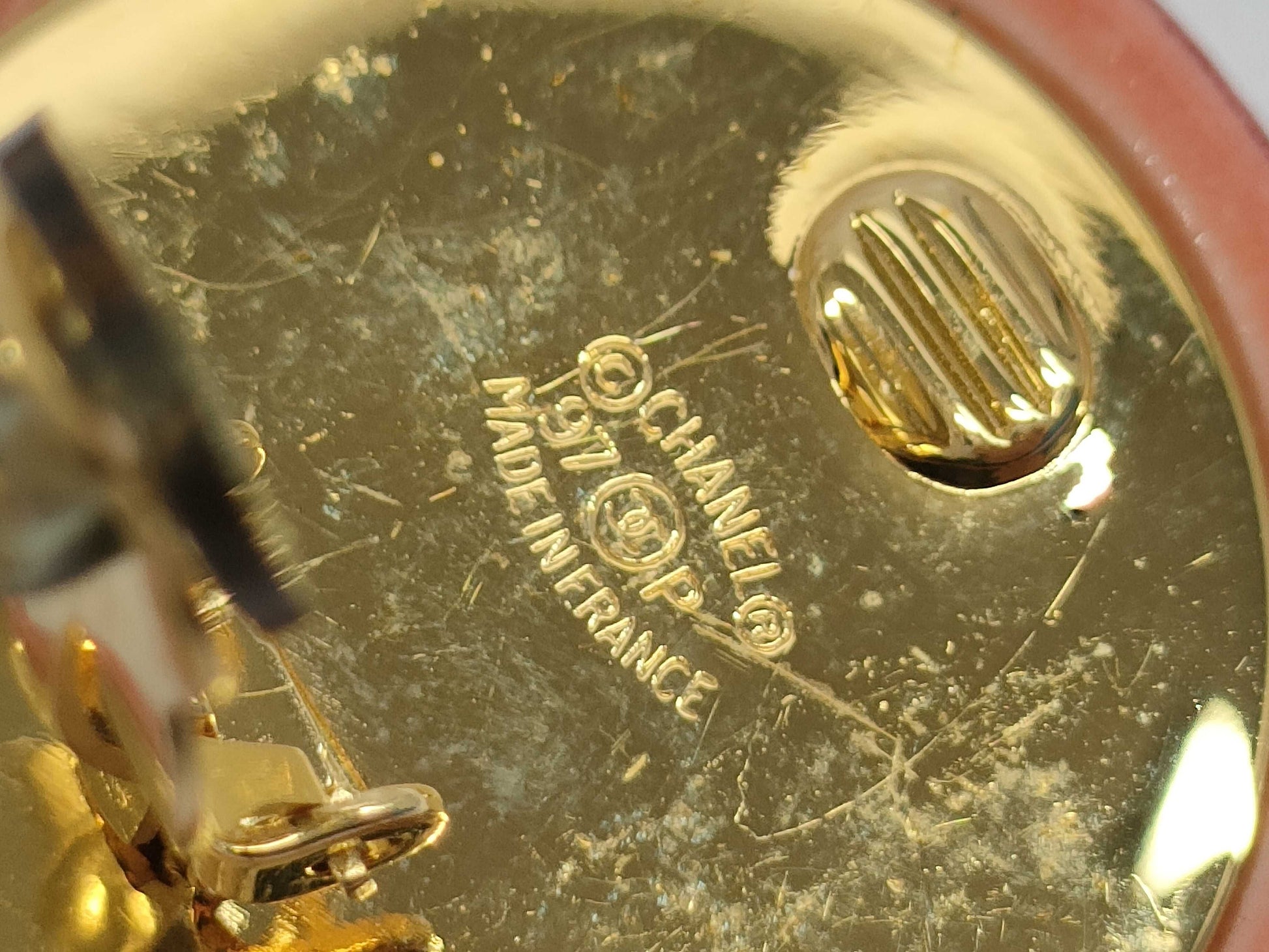 CHANEL CHANEL Logo Round Earrings Bordeaux GD Hardware Engraved 97P Earrings