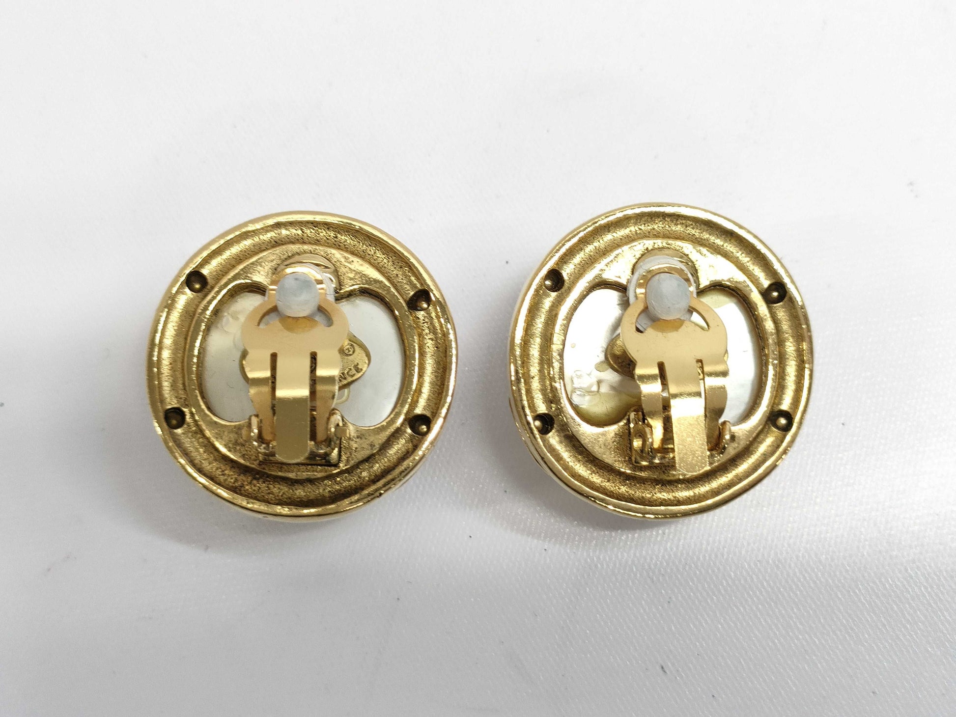 HERMES Chanel Coco Mark 23 Faux Pearl Gold Earrings