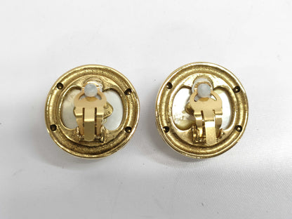 HERMES Chanel Coco Mark 23 Faux Pearl Gold Earrings