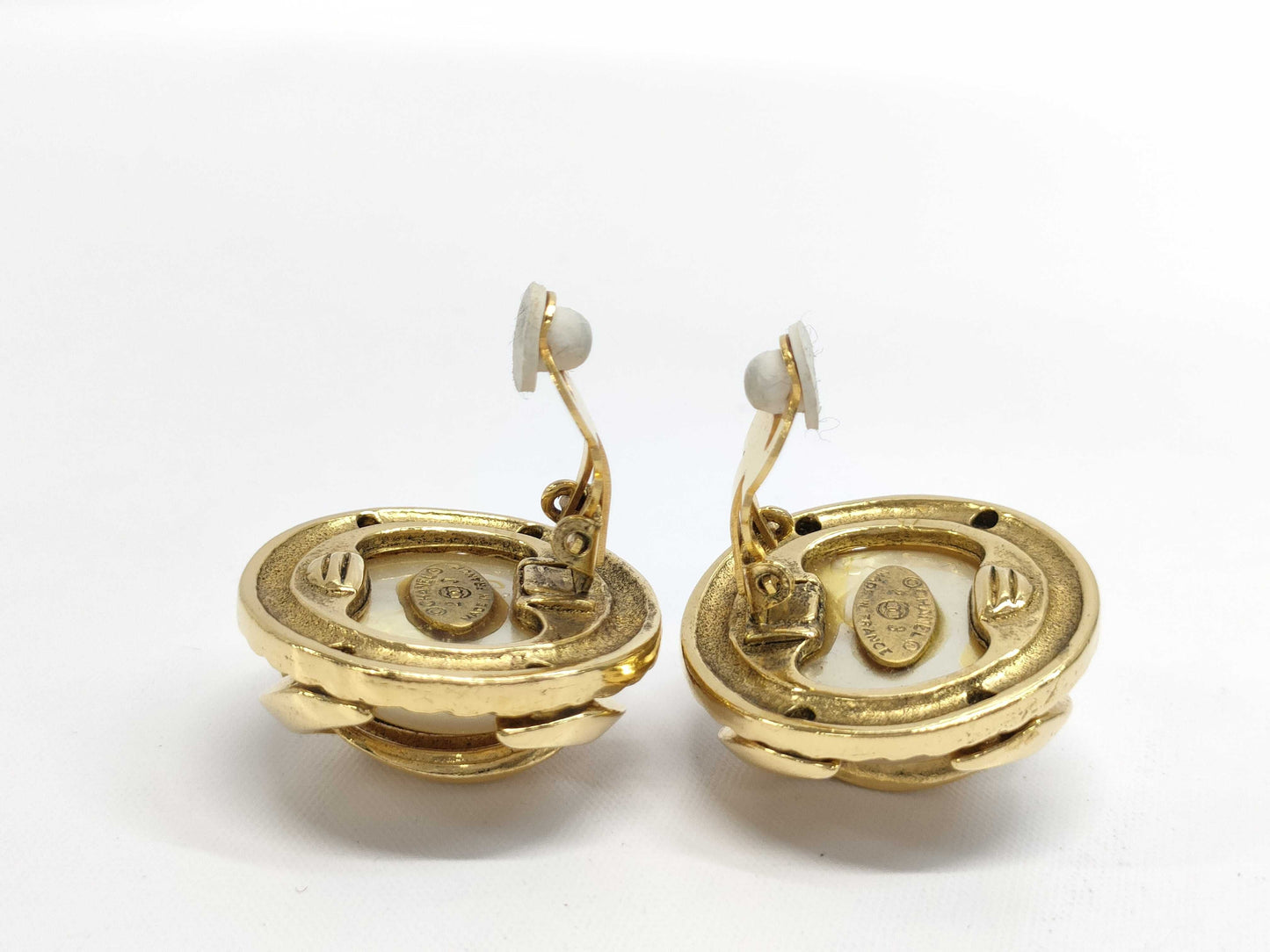 HERMES Chanel Coco Mark 23 Faux Pearl Gold Earrings