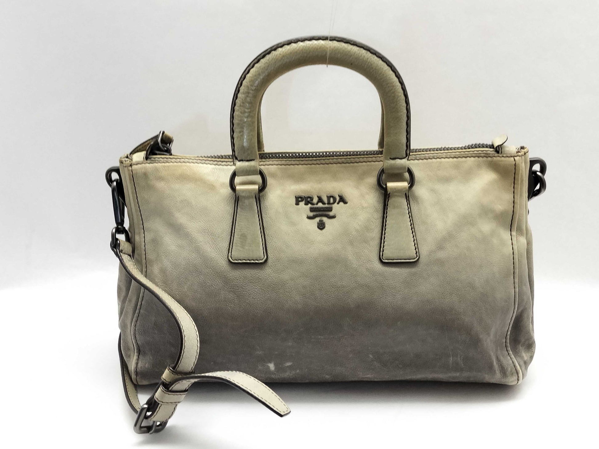 PRADA 2-Way Handbag with Strap, Gray Gradient Leather Handbag