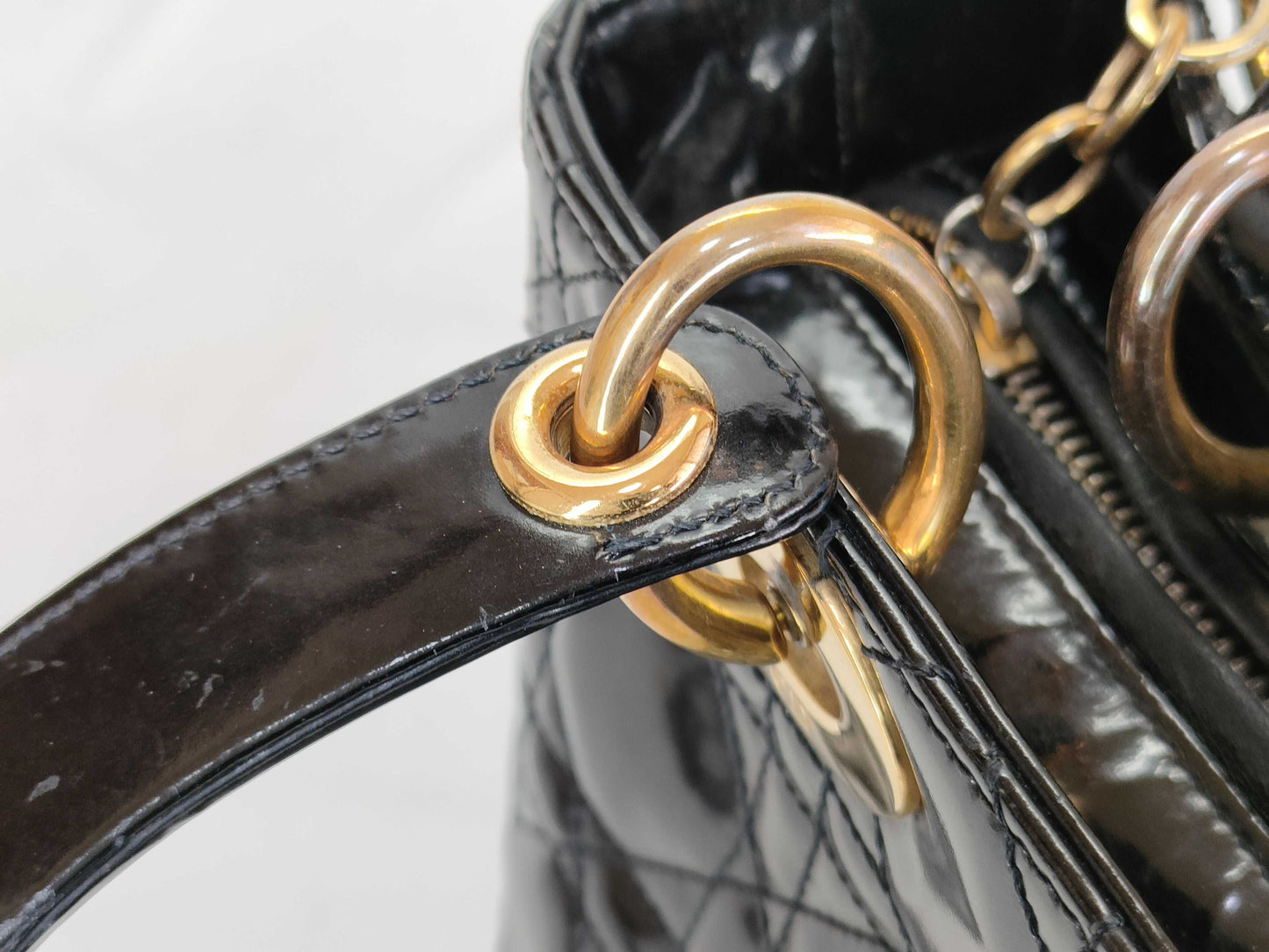 Dior Lady Dior enamel handbag, 2-way, Cannage, black, W25cm.