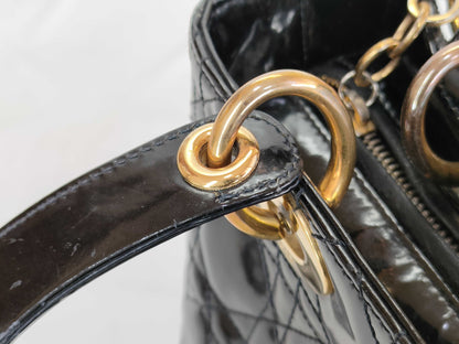 Dior Lady Dior enamel handbag, 2-way, Cannage, black, W25cm.