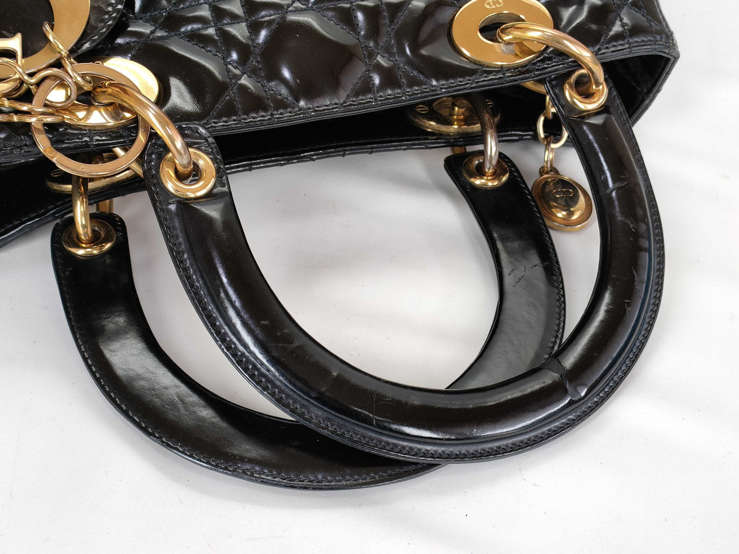 Dior Lady Dior enamel handbag, 2-way, Cannage, black, W25cm.