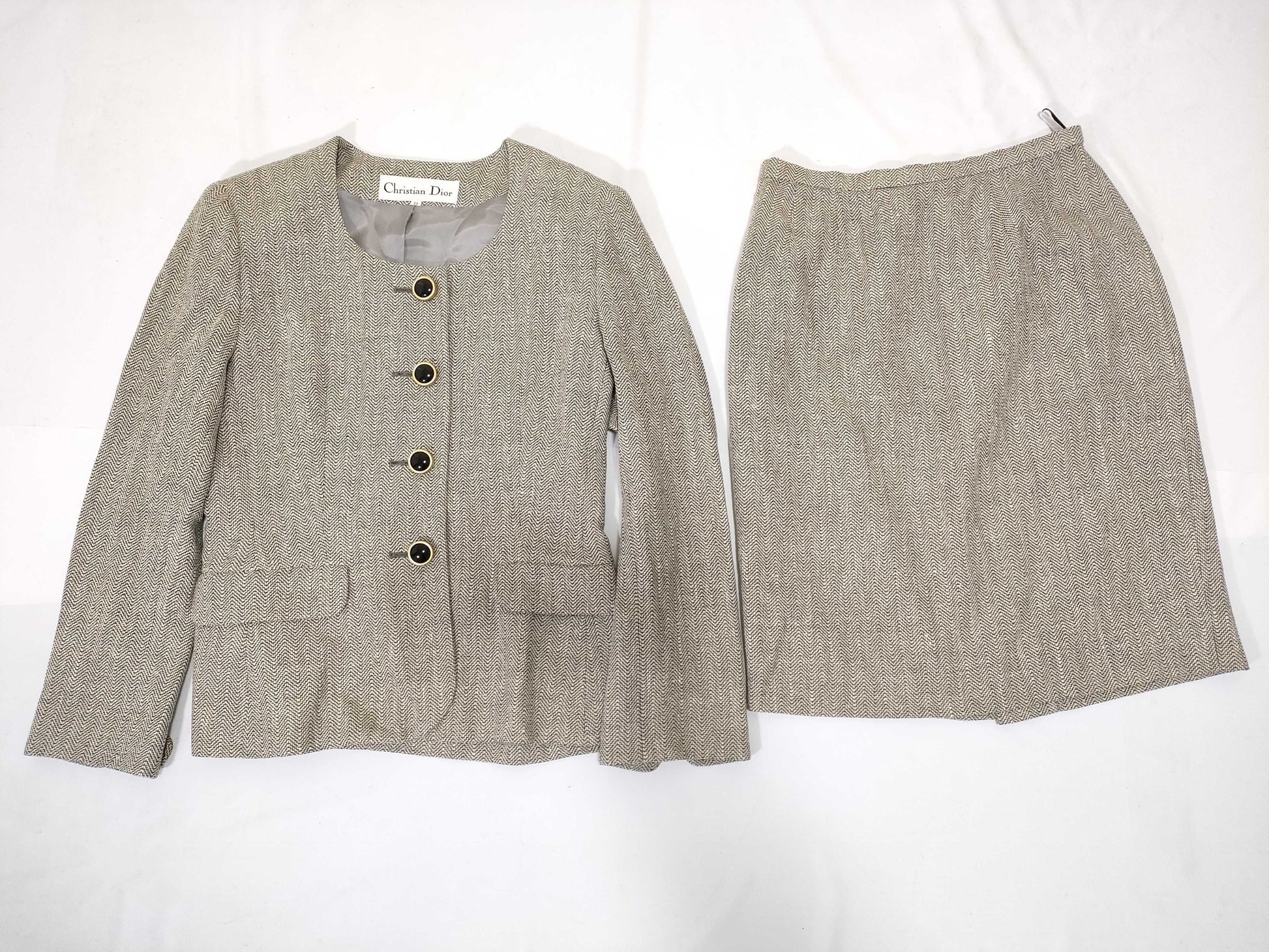 Dior Christian Dior Tweed Set with Gold Buttons and Logo Engraving, Jacket, Skirt, and Other Apparel