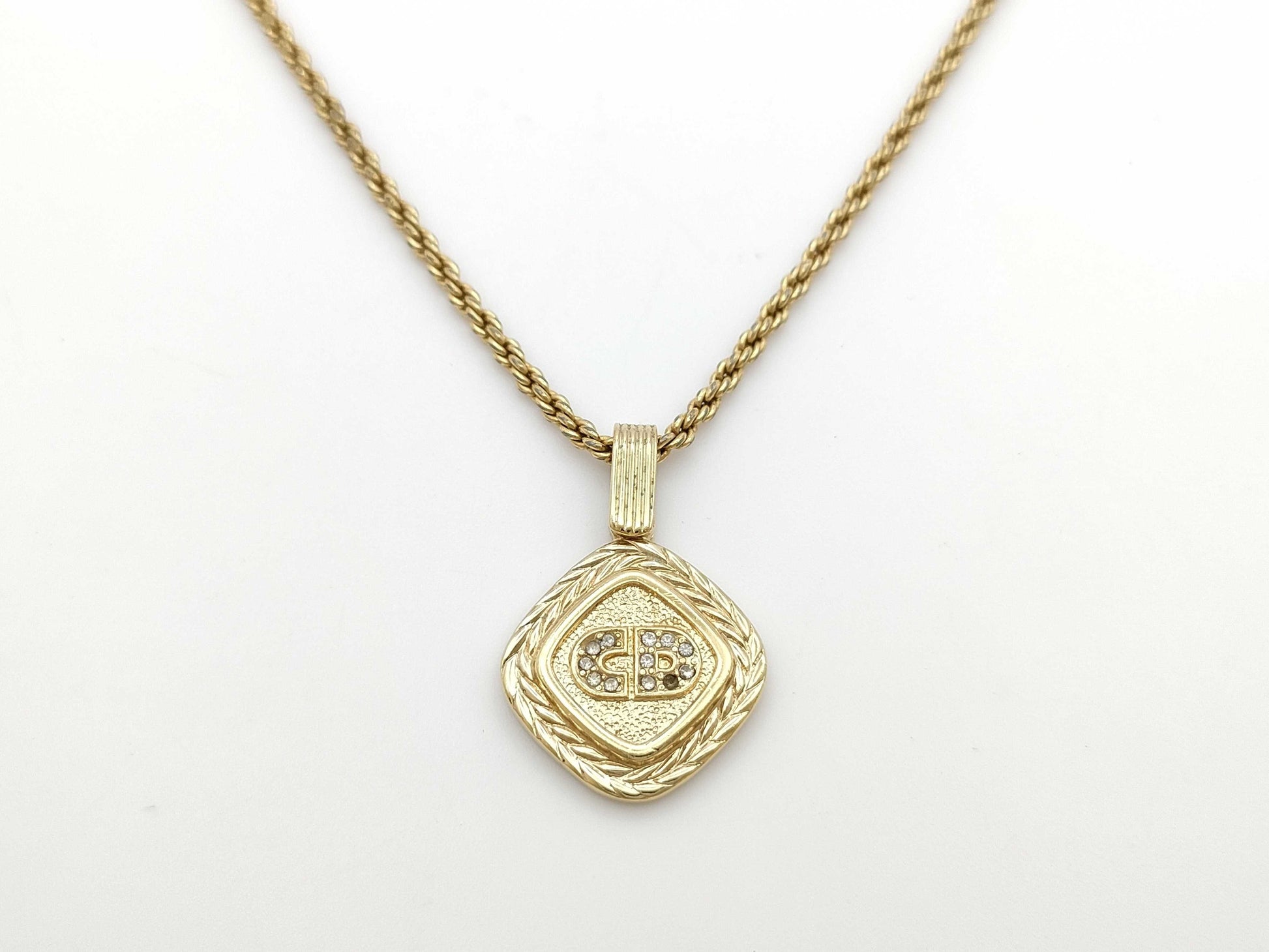 Dior CD Logo Rhinestone Square Necklace Gold Necklace
