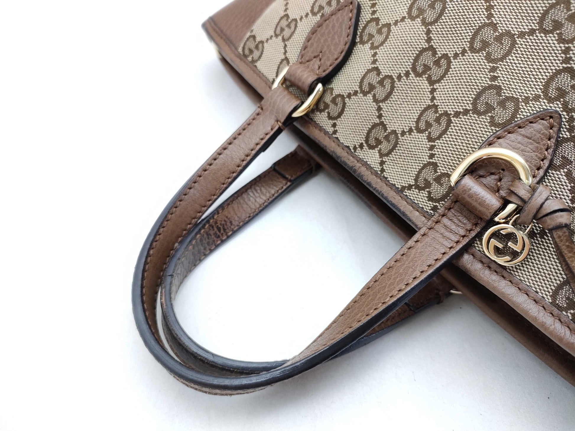 GUCCI GG Canvas GUCCI Beige x Brown GG Canvas Leather Small Tote Z6650 Tote Bag