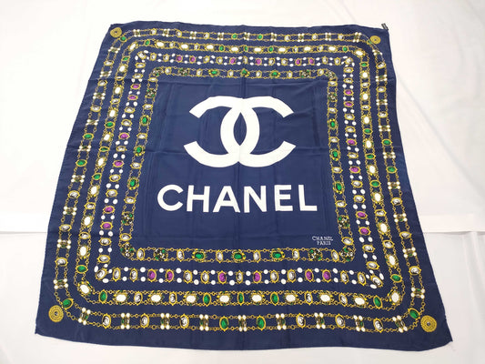 CHANEL Silk Scarf Navy