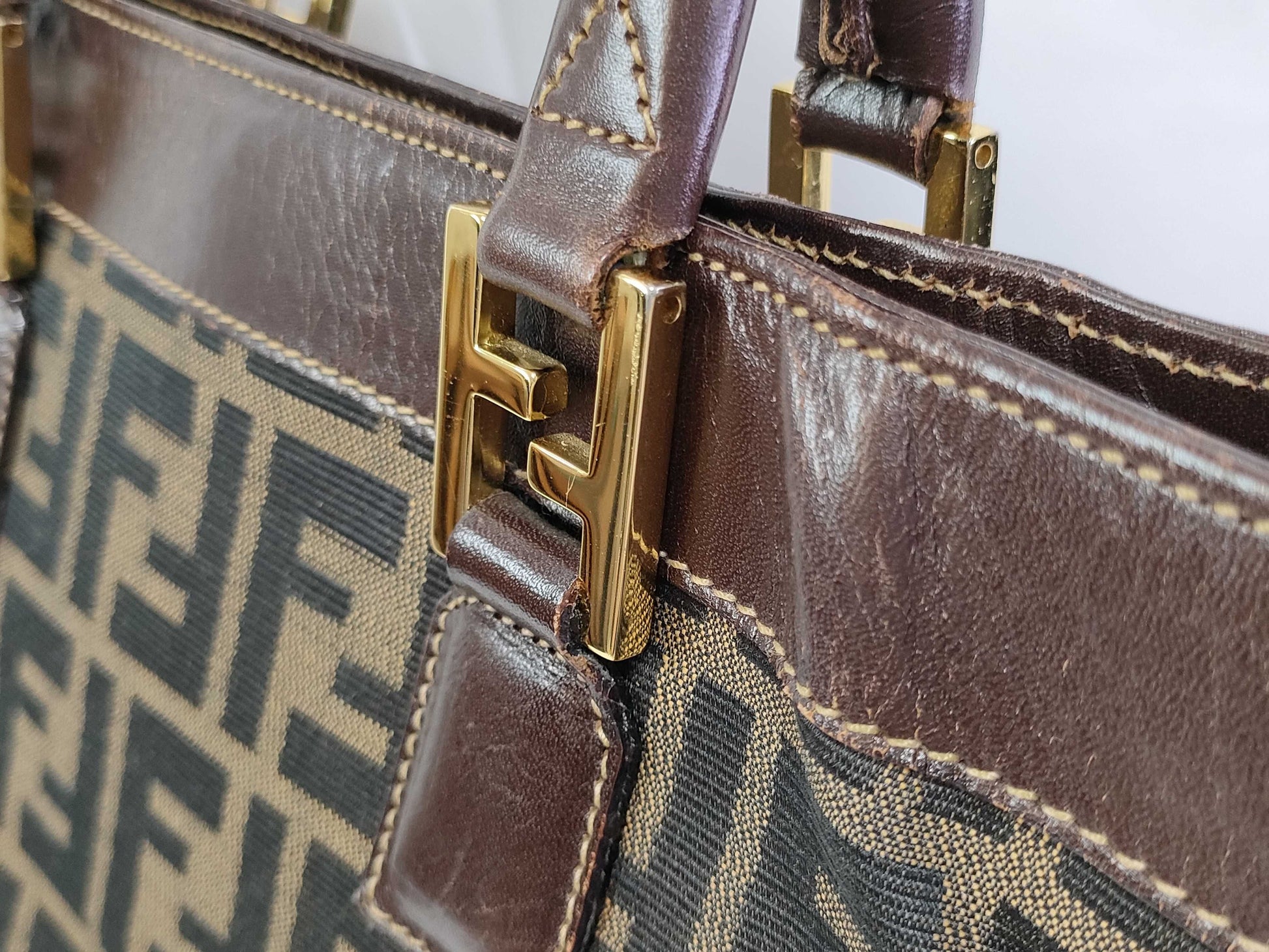 FENDI Zucca Canvas Leather Tote Bag