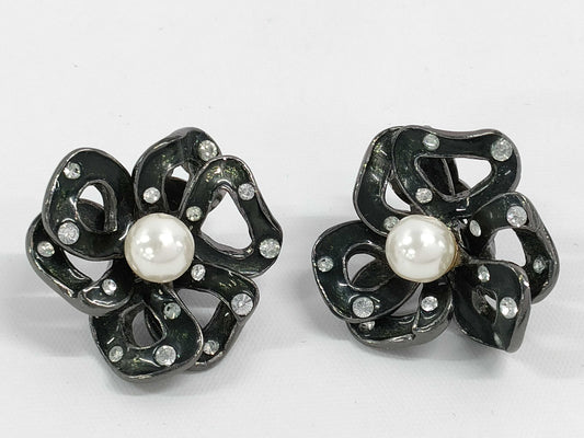 CHANEL Camellia F Pearl Rhinestone Earrings with Rice