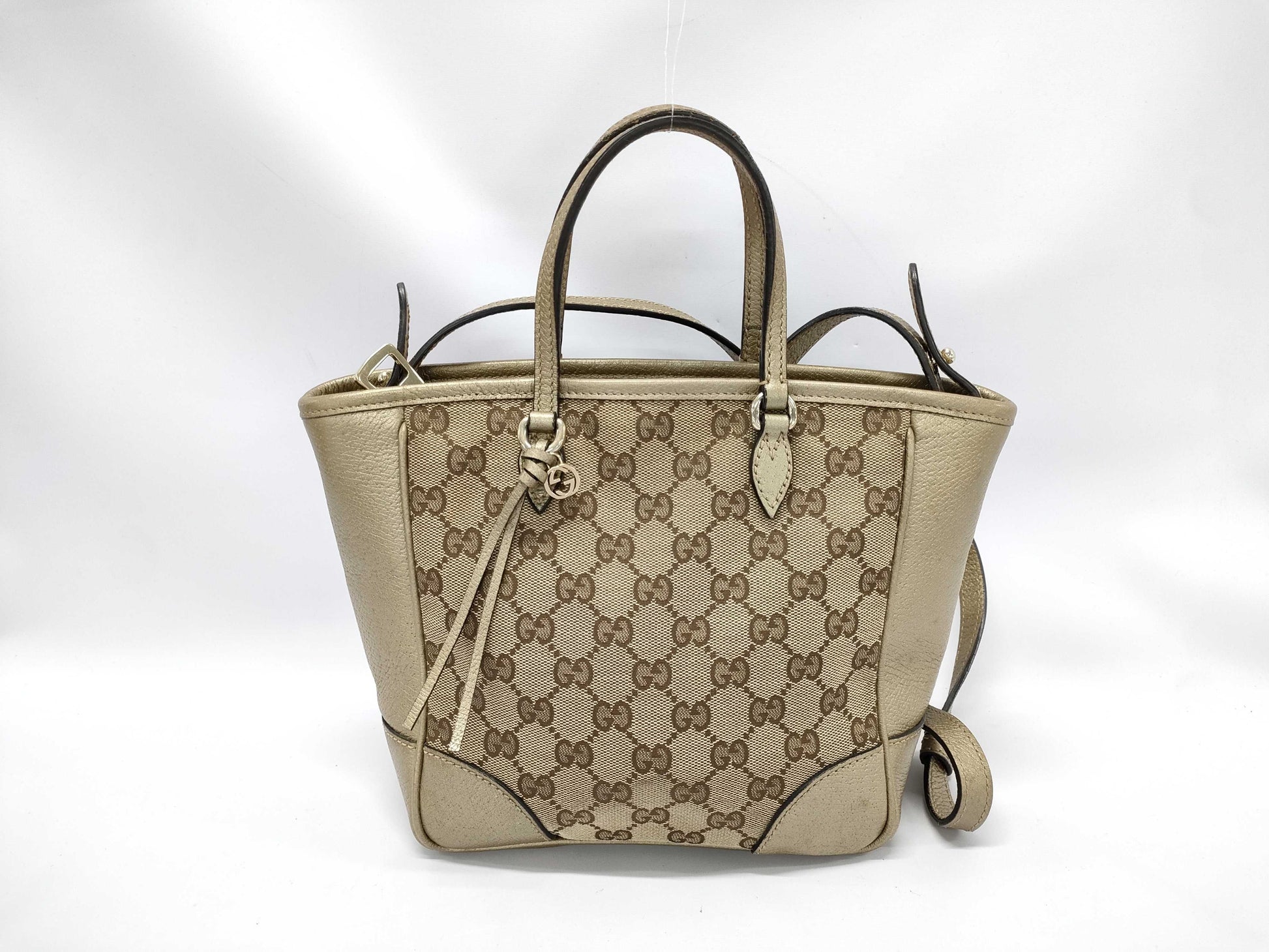 GUCCI Gold Trim Monogram Bucket Bag with Long Strap Handbag