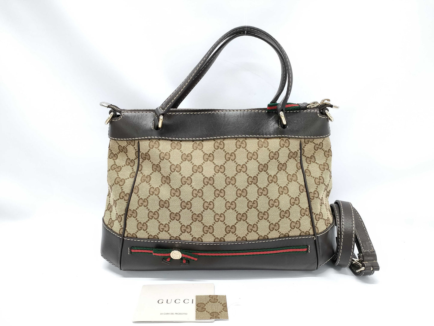 GUCCI Brown Leather Trim Monogram Bow Handbag with Strap Tote Bag
